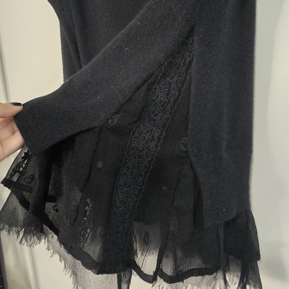 Garnet Hill Black 100% Cashmere Shirttail Pullover Sweater Layered Silk lace tri - Picture 8 of 9